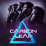 Photo of the band in profile, overlaid with the 2024 spring tour branding of a light blue triangle and the name Carbon Leaf