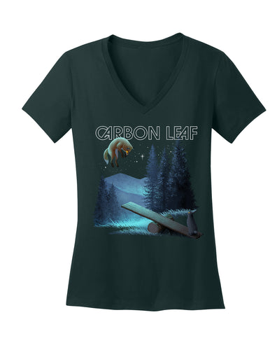 Dark green t-shirt depicting a fox and a rabbit in the woods on a log seesaw, the fox levitating as if weightless above the seesaw. Stylized CARBON LEAF text above the image
