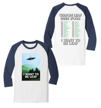 Load image into Gallery viewer, Front- and Back-sides of a long-sleeve T Shirt with &#39;I Want to Be Leaf&#39; design. White shirt with navy blue sleeves
