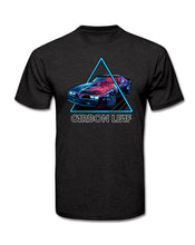 Load image into Gallery viewer, Heathered dark gray t-shirt depicting a classic Trans-Am car driving through a neon blue triangle frame. Stylized CARBON LEAF text below the image
