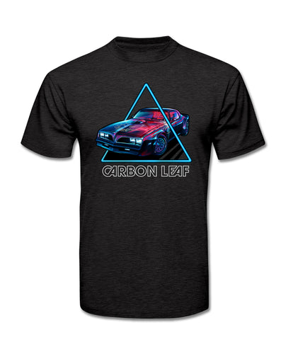 Heathered dark gray t-shirt depicting a classic Trans-Am car driving through a neon blue triangle frame. Stylized CARBON LEAF text below the image