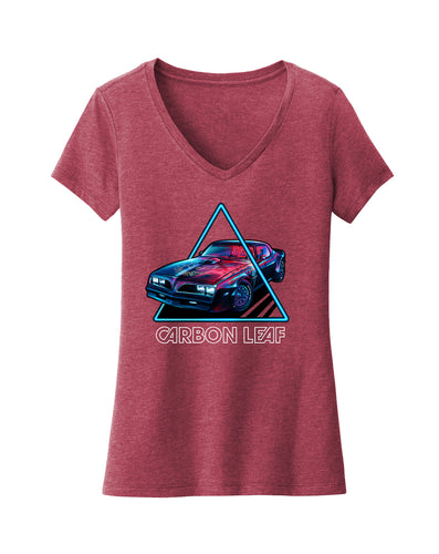 Heathered red t-shirt depicting a classic Trans-Am car driving through a neon blue triangle frame. Stylized CARBON LEAF text below the image